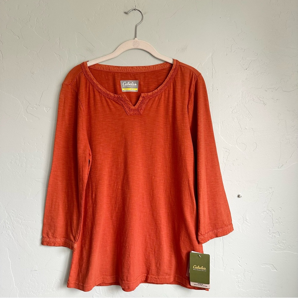 Cabela's Women's Orange‎ Rust Spice Embroidered 3/4 Sleeve Tee Size 8 NWT